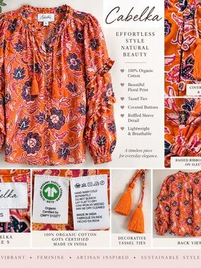 Cleobella Orange Floral Tassel-Tie Blouse size small